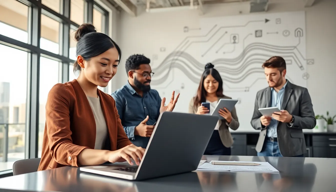 diverse team collaborating in a modern office using technology.